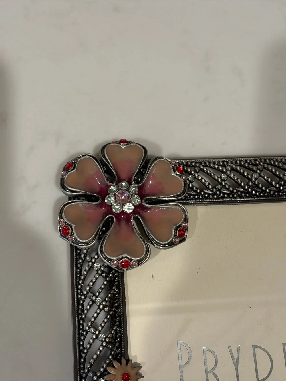 Vintage Pryde Interiors Floral Accent 4x6 Photo Frame-Gunmetal with Pink Flowers